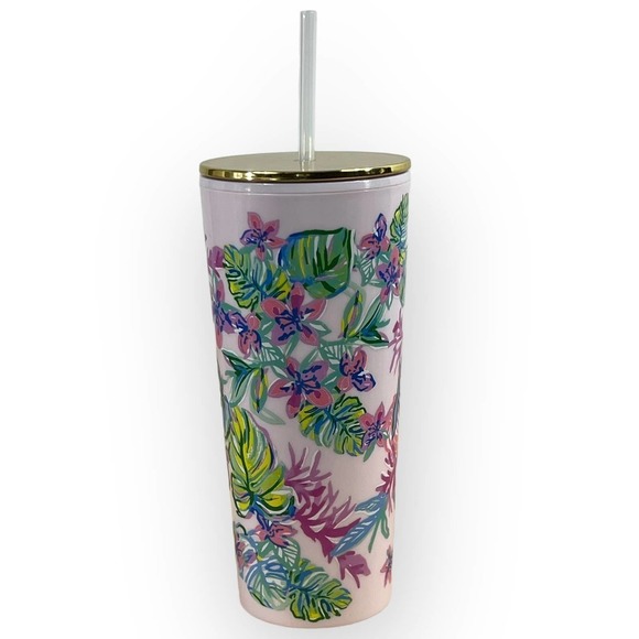 Lilly Pulitzer Other - Lilly Pulitzer Mermaid Tumbler Pink Plastic Metallic Gold Lid New Straw 24 Oz